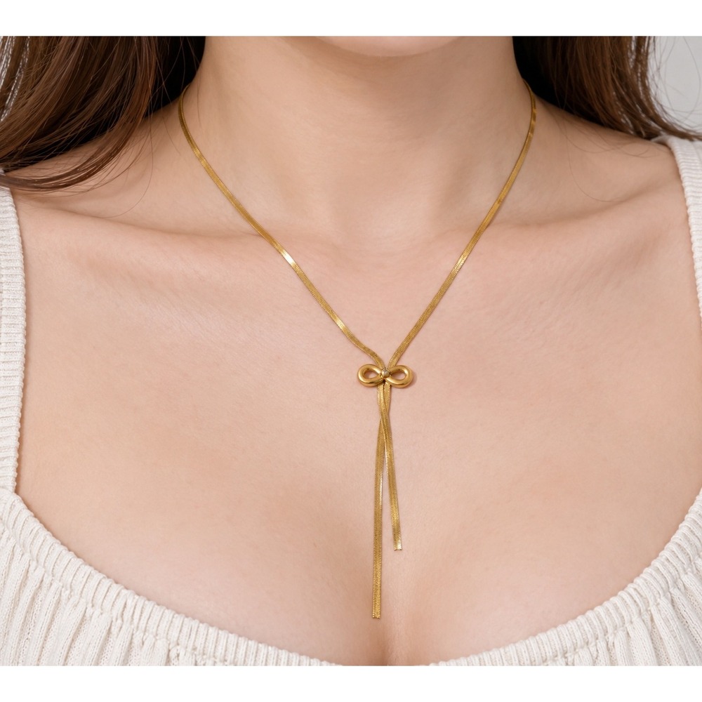 Gold Plated Stainless Steel Herringbone Bow Lariat Necklace 18-20" Snake Chain